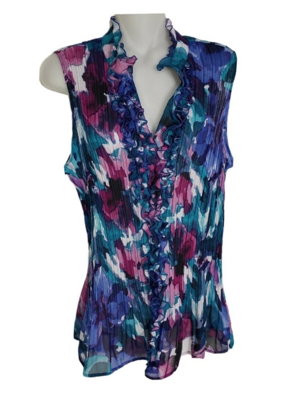 East 5th Sleeveless Ruffled V-Neck Blouse - Teal, Purple, Pink, White